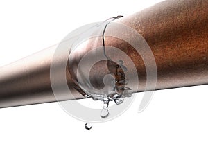Broken pipe is leaking water, isolated on white