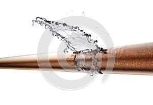 Broken pipe is leaking water, isolated on white