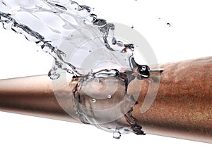 Broken pipe is leaking water, isolated on white