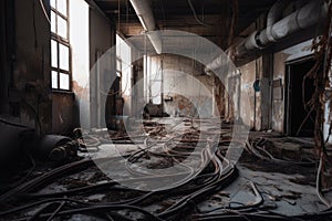 broken pipes and exposed wiring in abandoned factory