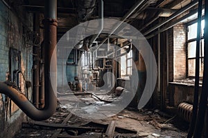 broken pipes and exposed wiring in abandoned factory