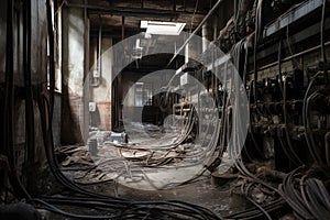 broken pipes and exposed wiring in abandoned factory