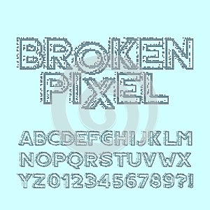 Broken pixel alphabet font. Glitch digital letters and numbers.