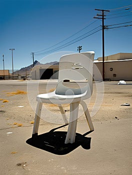 A broken plastic chair in a deserted parking lot.. AI generation