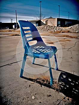 A broken plastic chair in a deserted parking lot.. AI generation