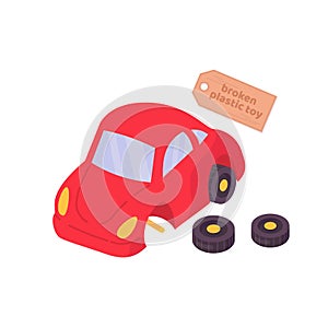 Broken plastic toy red car. Vector cartoon flat illustration isolated on white.