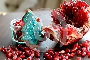 Broken Pomegranate, Seeds and Gingerbread Xmas Tree Cookie