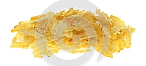 Broken potato chips on a white background