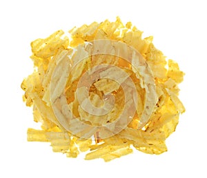 Broken potato chips on a white background