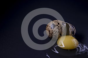 Broken Quail egg isolated on black background with leaking white and yolk. healthy raw food