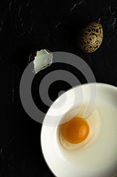 Broken Quail Egg Yolk. Fresh Organic Food Concept.