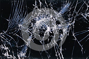 Broken and racked glass screen smartphone , white lines on black background,   design element, backdrop texture