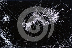 Broken and racked glass screen smartphone , white lines on black background,   design element, backdrop texture