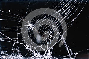 Broken and racked glass screen smartphone , white lines on black background,   design element, backdrop texture