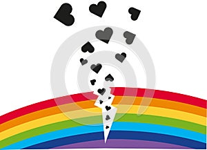 Broken rainbow with small black hearts on a white background