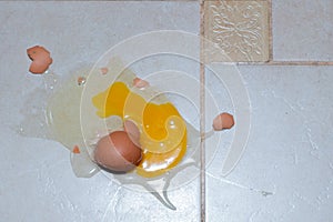 Broken raw egg on the floor. view from above. copy space