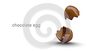 Broken realistic empty chocolate egg. Half of chocolate oval. Sweets mockup, eggshell