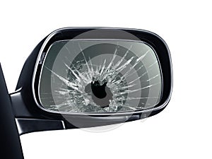 Broken rear view mirror on white background