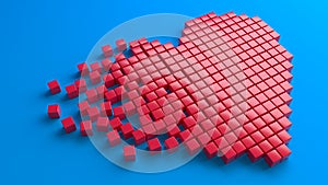 Broken red heart on blue background. Hurt and pain. Love and Valentine Day concept. Template for your design. 3d rendering