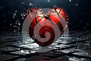 Broken red heart on cracked dark background. Selective focus. Separation and divorce, broken love, the end of love