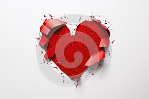 Broken red heart on white background, abstract valentine concept, Crumpled red heart paper isolated on a white background, Broken