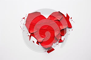 Broken red heart on white background. Valentines day concept, Crumpled red heart paper isolated on a white background, Broken