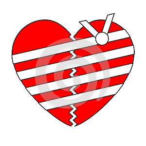 Broken red heart with wound and bandage in white background. Vector illustration. Flat style.