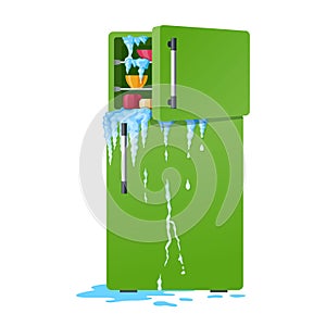 Broken refrigerator illustration, damaged fridge with leakage