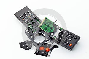 Broken remote control, smashed, broken and obsolete television control. technology used, technological waste