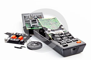 Broken remote control, smashed, broken and obsolete television control. technology used, technological waste