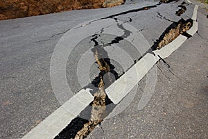 Broken road by an earthquake in Chiang Rai, thailand photo