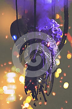 The broken robot with bouquet of purple flowers