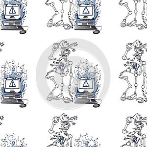 Broken robot and broken computer seamless pattern