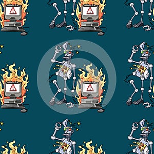 Broken robot and broken computer seamless pattern