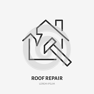 Broken roof, roofing flat line icon. House construction sign. Thin linear logo for home repair services