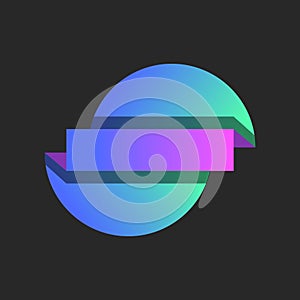 Broken round logo isometric geometric shapes divided by horizontal stripes of vibrant colors on two half circles and a rectangle,