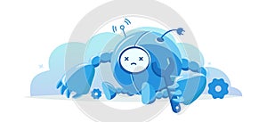 Broken round robot. Repairs service scene. Breaking mistake situation. Cartoon vector flat. Character mascot. Support