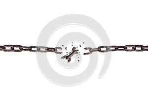 Broken rusty iron chain isolated on white