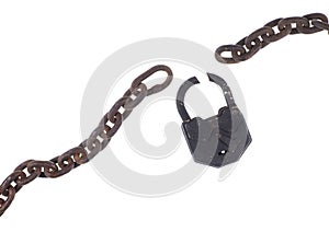 broken rusty powerful iron chain isolated on white