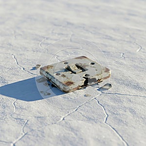 A broken rusty switch on a cracked surface.