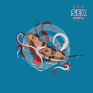 Broken sailer with kraken on blue background. Sailboat in isometric style. 3d illustration of ancient ship. Pirate game photo