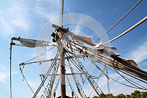 Broken sails on an old pirate ship