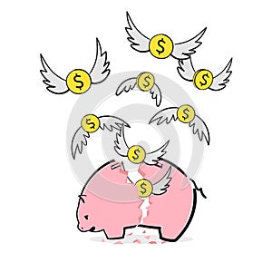 A broken saving money piggy bank, Dollars money coins with wings flying away. An overspending illustration idea for losing money,