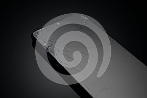 Broken screen glass of mobile smartphone on black background.