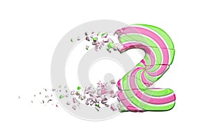 Broken shattered alphabet number 2. Crushed font made of pink and green striped lollipop. 3D render isolated on white background.