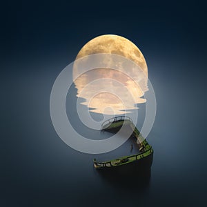 broken ship on dreamy nightscape with full moon