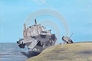 Broken Ship on the Seashore. Oil Painting