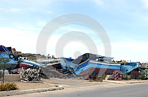 Broken shipwrecks after the disembarkation of refugees