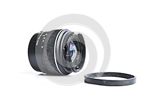 Broken SLR camera lens. Concept of careless attitude to photography