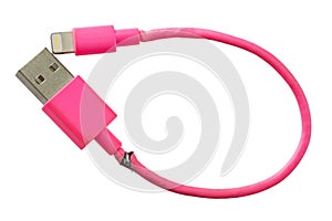 Broken smart phone charger pink USB cable isolated on white back